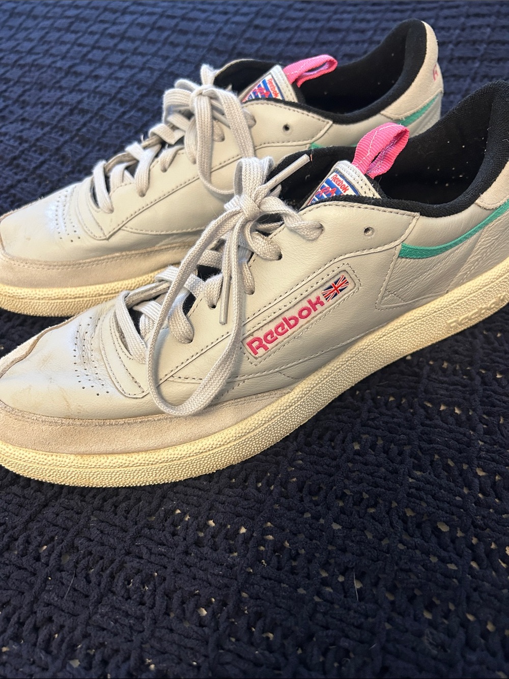 Reebok Low-Top Leather Sneakers in White with Pink & Teal Highlights